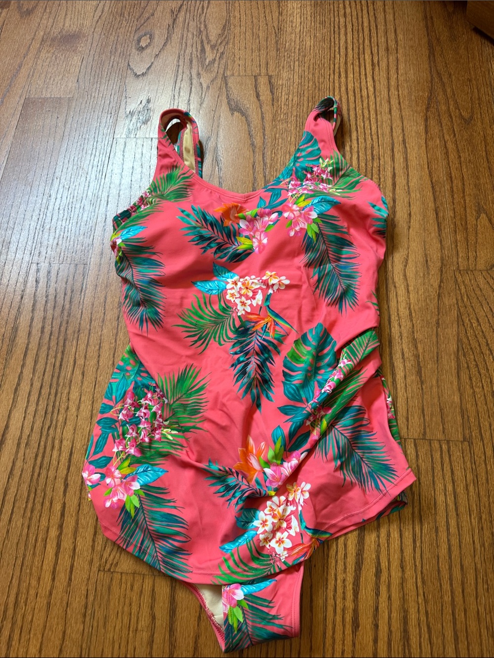 Swimsuits For All Coral Tropical Floral One-Piece with Sarong Overlay